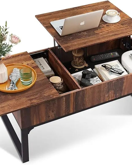 WLIVE Lift Top Coffee Table with Storage, Coffee Table with Lifting Top & Sliding Top, Wood Coffee Table for Living Room, Modern Center Table with 2 Hidden Compartment for Home, Office, Retro Brown - LeafyLoom