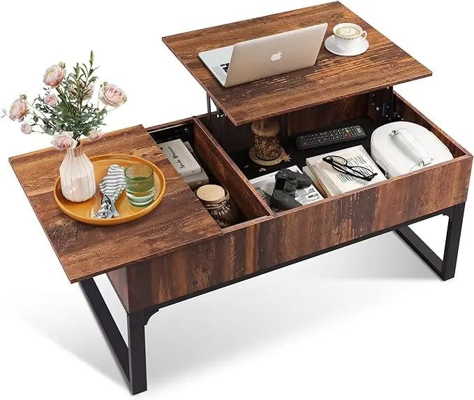 WLIVE Lift Top Coffee Table with Storage, Coffee Table with Lifting Top & Sliding Top, Wood Coffee Table for Living Room, Modern Center Table with 2 Hidden Compartment for Home, Office, Retro Brown - LeafyLoom