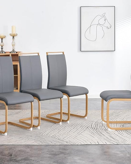 Dining Chairs Set of 4,High Back Grey Kitchen Chairs,Faux Leather Side Chair with Woodgrain Coloured Metal Legs,Easy to Clean Modern Upholstered Dining Chairs,Ideal for Living Room - LeafyLoom