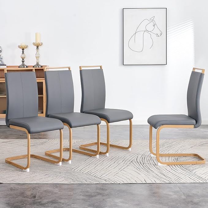 Dining Chairs Set of 4,High Back Grey Kitchen Chairs,Faux Leather Side Chair with Woodgrain Coloured Metal Legs,Easy to Clean Modern Upholstered Dining Chairs,Ideal for Living Room - LeafyLoom