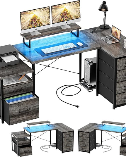 Unikito 70.8" Reversible L Shaped Computer Desk with Fabric File Drawers, Corner Desk with RGB LED Lights & Power Outlets & Monitor Stand, Large Gaming Desk for Home Office Workstation, Black Oak - LeafyLoom