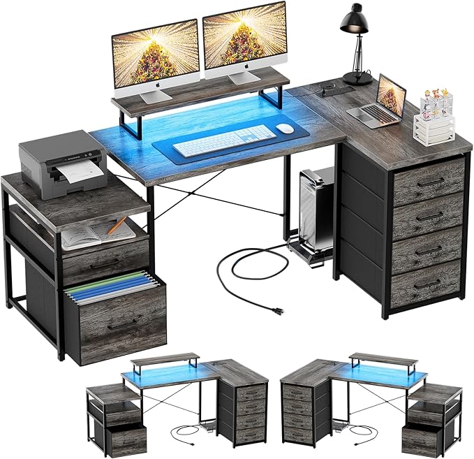 Unikito 70.8" Reversible L Shaped Computer Desk with Fabric File Drawers, Corner Desk with RGB LED Lights & Power Outlets & Monitor Stand, Large Gaming Desk for Home Office Workstation, Black Oak - LeafyLoom