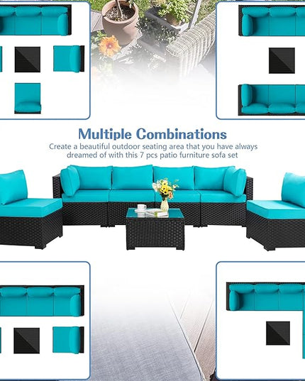 Shintenchi 7 Pieces Outdoor Patio Sectional Sofa Couch, Black PE Wicker Furniture Conversation Sets with Washable Cushions & Glass Coffee Table for Garden, Poolside, Backyard (Blue) - LeafyLoom