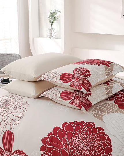 Yiran 7 Pieces King Comforter Set Red Floral Bed in a Bag Soft Microfiber Bedding Set 103"×90"(1 Comforter 1 Flat Sheet 1 Fitted Sheet 2 Pillowshams 2 Pillowcases) - LeafyLoom