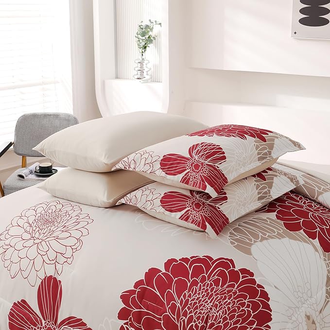 Yiran 7 Pieces Queen Comforter Set Red Floral Bed in a Bag Soft Microfiber Bedding Set 90"×90"(1 Comforter 1 Flat Sheet 1 Fitted Sheet 2 Pillowshams 2 Pillowcases) - LeafyLoom
