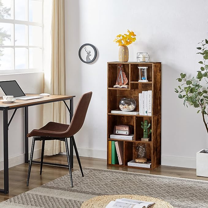 VECELO 42" Modern Bookshelf, 7 Cube Organizer Bookcase,Fits Tallest Hardcovers, Horizontal Available,Floor Standing Display,Easy Assembly, Vintage Brown - LeafyLoom