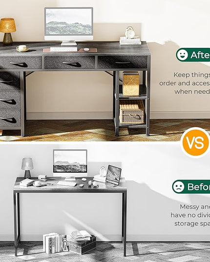Computer Desk with 6 Drawers, 47 Inch Office Desk with Shelves, Reversible Gaming Desk, Corner Desk with Storage, Work Desk for Home Office, Study, Living Room, Gray - LeafyLoom