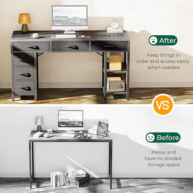 Computer Desk with 6 Drawers, 47 Inch Office Desk with Shelves, Reversible Gaming Desk, Corner Desk with Storage, Work Desk for Home Office, Study, Living Room, Gray - LeafyLoom