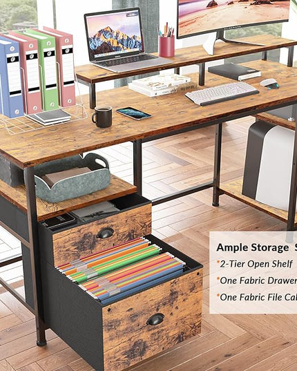 Furologee Computer Desk with Shelves and Drawer, 61" Long Desk with Fabric File Drawer, Industrial Writing Desk with Large Monitor Stand, Study Table Workstation for Home Office, Rustic Brown - LeafyLoom