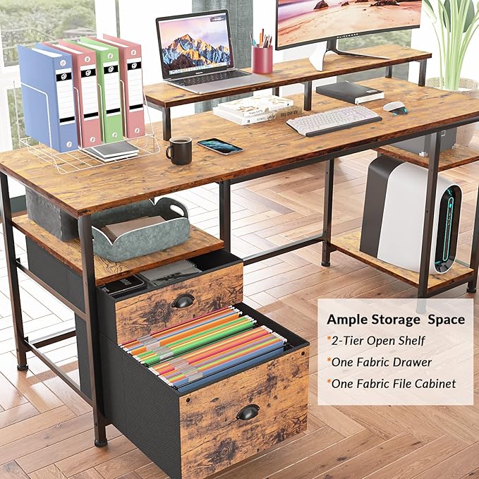 Furologee Computer Desk with Shelves and Drawer, 61" Long Desk with Fabric File Drawer, Industrial Writing Desk with Large Monitor Stand, Study Table Workstation for Home Office, Rustic Brown - LeafyLoom