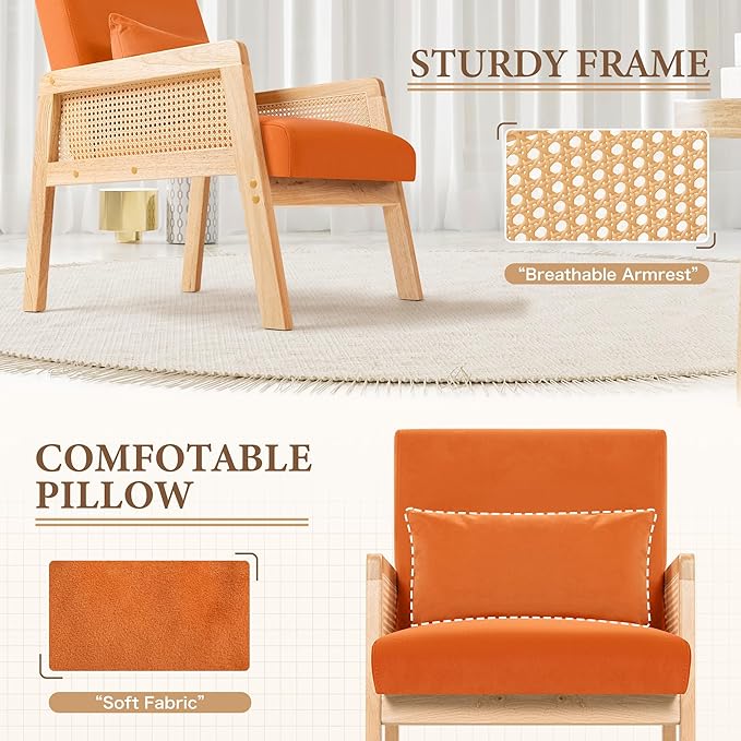 YESHOMY Mid-Century Accent Chair with Pillow Upholstered with Solid Frame & Breathable Armrest for Living Room, Orange - LeafyLoom