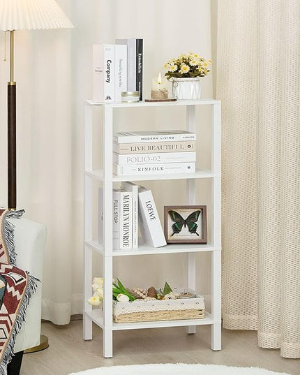 4 Tier Tall Wooden Bookshelf with Storage, Narrow Bookcase for Small Space, Small Book Shelf for Living Room, Office, Bedroom, Kitchen, Industrial, White - LeafyLoom