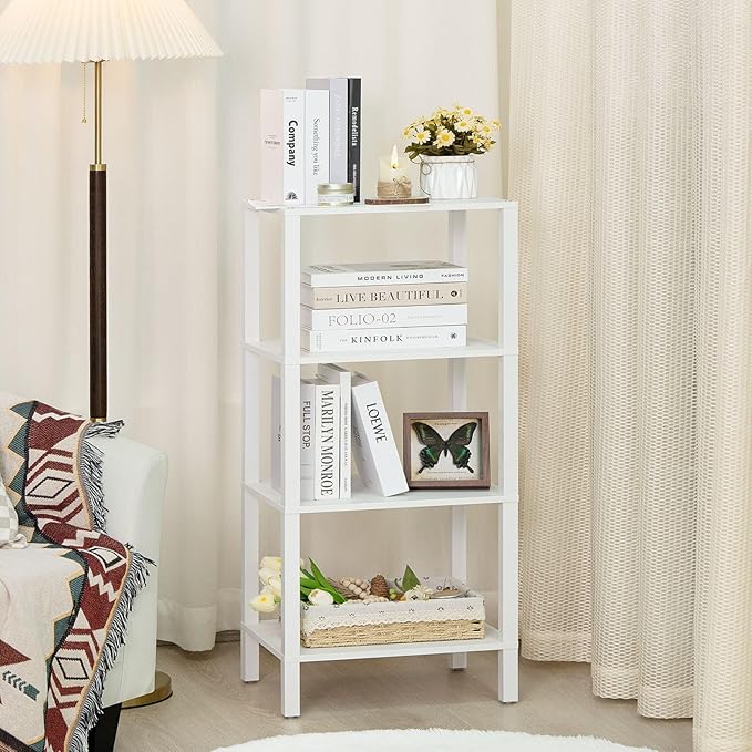 4 Tier Tall Wooden Bookshelf with Storage, Narrow Bookcase for Small Space, Small Book Shelf for Living Room, Office, Bedroom, Kitchen, Industrial, White - LeafyLoom
