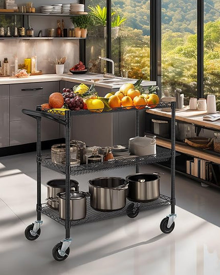Finnhomy 3 Tier Heavy Duty Commercial Grade Utility Cart, Wire Rolling Cart with Handle Bar, Steel Service Cart with Wheels, Kitchen Cart on Wheels, Food Storage Trolley, NSF Listed, Black - LeafyLoom