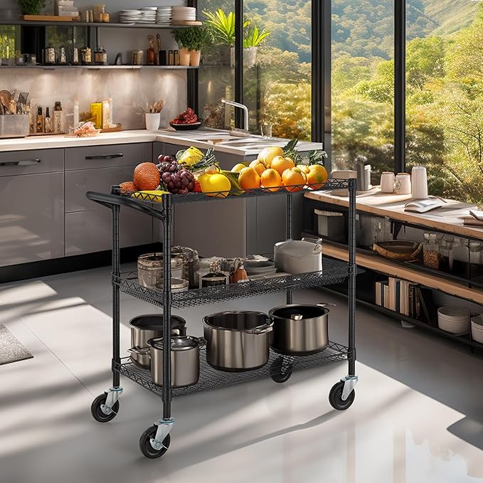 Finnhomy 3 Tier Heavy Duty Commercial Grade Utility Cart, Wire Rolling Cart with Handle Bar, Steel Service Cart with Wheels, Kitchen Cart on Wheels, Food Storage Trolley, NSF Listed, Black - LeafyLoom