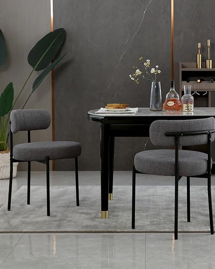 DYHOME Dark Grey Dining Chairs Set of 2, Mid-Century Modern Dining Chairs, Kitchen Dining Room Chairs, Curved Backrest Round Upholstered Boucle Sherpa Dining Chair with Black Metal Legs - LeafyLoom