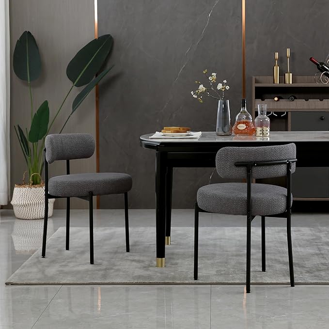 DYHOME Dark Grey Dining Chairs Set of 2, Mid-Century Modern Dining Chairs, Kitchen Dining Room Chairs, Curved Backrest Round Upholstered Boucle Sherpa Dining Chair with Black Metal Legs - LeafyLoom