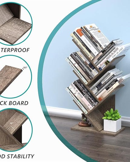 5 Tier Small Tree Bookshelf Desk Book Organizer Narrow Bookcases for Books Magazines CDs Free Standing Retro Wooden Storage Shelves for Home Office Bedroom Living Room Oak Grey - LeafyLoom