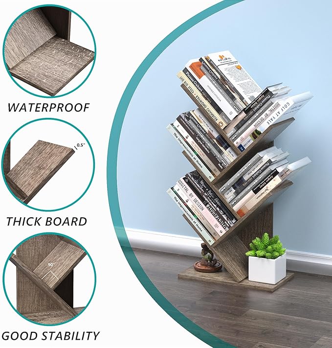 5 Tier Small Tree Bookshelf Desk Book Organizer Narrow Bookcases for Books Magazines CDs Free Standing Retro Wooden Storage Shelves for Home Office Bedroom Living Room Oak Grey - LeafyLoom