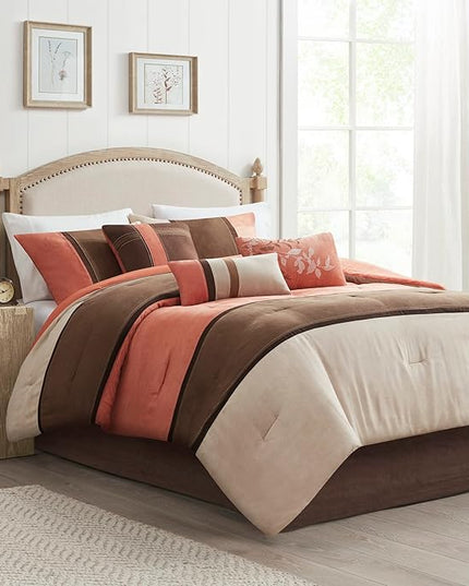 Madison Park Palisades Comforter Set Modern Faux Suede Pieced Stripe Design, All Season Down Alternative Cozy Bedding with Matching Shams, Decorative Pillows, Cal King(104"x92"), Coral 7 Piece - LeafyLoom
