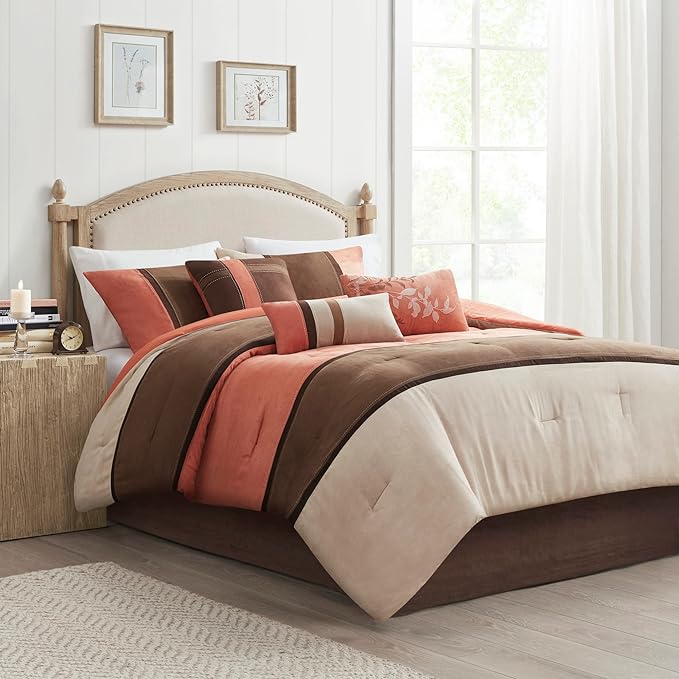 Madison Park Palisades Comforter Set Modern Faux Suede Pieced Stripe Design, All Season Down Alternative Cozy Bedding with Matching Shams, Decorative Pillows, Cal King(104"x92"), Coral 7 Piece - LeafyLoom