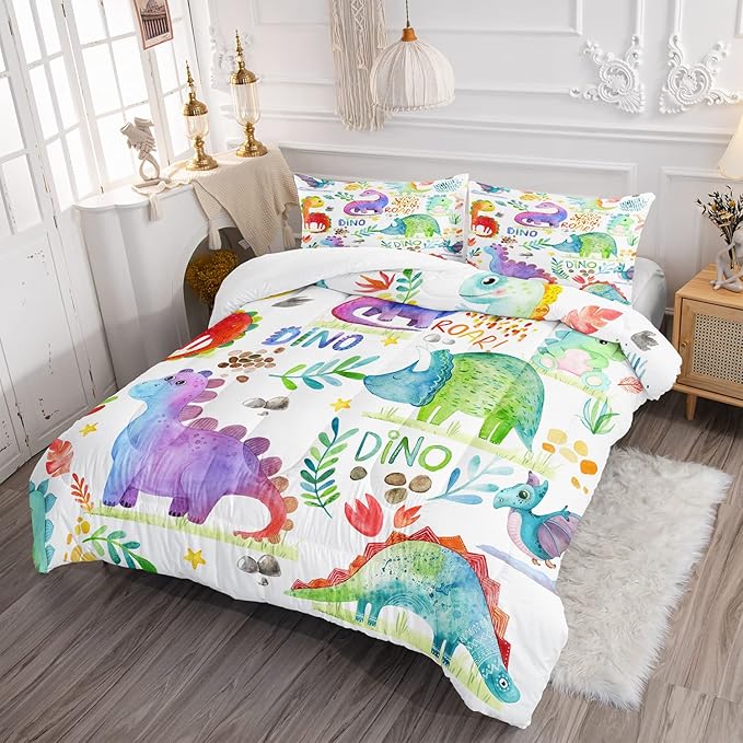 CVHOUSE Dinosaur Bedding Set,Dinosaur Comforter,Dinosaur Comforter Set Full,Microfiber Quilt Set with 1 Comforter and 2 Pillow Cases- 3 Piece - LeafyLoom