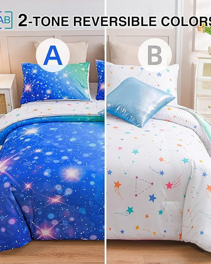 A Nice Night 6Pcs Gradient Glitter Bedding Set for Girls, Colorful Rainbow Galaxy Comforter Set, Ultra Soft Bedding Sets (Blue-Green,Twin 6Pcs) - LeafyLoom