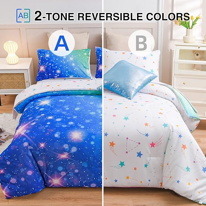A Nice Night 6Pcs Gradient Glitter Bedding Set for Girls, Colorful Rainbow Galaxy Comforter Set, Ultra Soft Bedding Sets (Blue-Green,Twin 6Pcs) - LeafyLoom