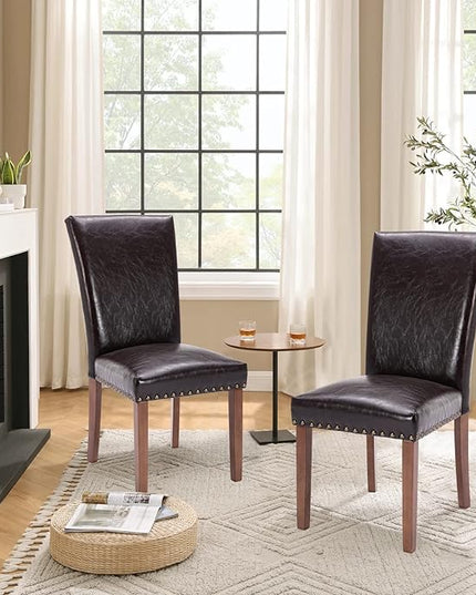 Parsons Dining Chairs Set of 4, Upholstered Nailhead PU Leather Dining Room Kitchen Side Chair with Thick Cushions and Wood Legs, Dark Brown - LeafyLoom