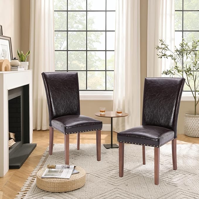 Parsons Dining Chairs Set of 4, Upholstered Nailhead PU Leather Dining Room Kitchen Side Chair with Thick Cushions and Wood Legs, Dark Brown - LeafyLoom