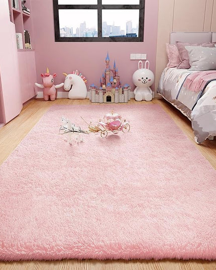 Ophanie 4x6 Pink Rugs for Bedroom Girls, Machine Washable Fluffy Shaggy Soft Cute Area Rug, Non-Slip Indoor Floor Carpet for Living Room, Kids Baby Teen Dorm Home Decor Aesthetic, Nursery - LeafyLoom