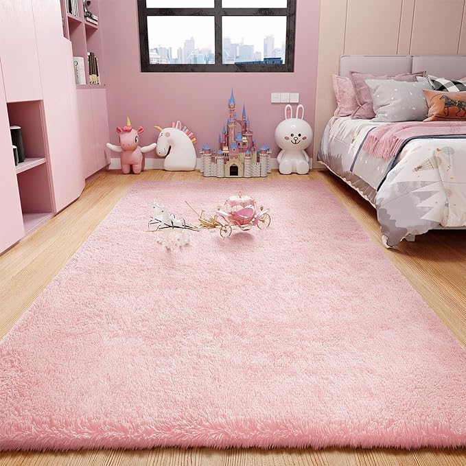 Ophanie 4x6 Pink Rugs for Bedroom Girls, Machine Washable Fluffy Shaggy Soft Cute Area Rug, Non-Slip Indoor Floor Carpet for Living Room, Kids Baby Teen Dorm Home Decor Aesthetic, Nursery - LeafyLoom