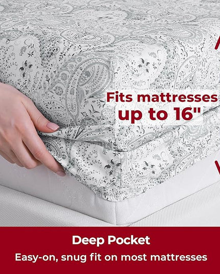 Mellanni Queen Sheets Set - 4 PC Iconic Collection Bedding Sheets & Pillowcases - Hotel Luxury, Extra Soft, Cooling Bed Sheets - Deep Pocket up to 16 inch (Queen, Paisley Gray) - LeafyLoom