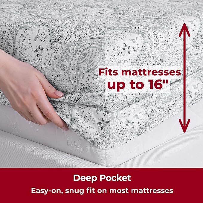 Mellanni California King Sheets Set - 4 PC Iconic Collection Bedding Sheets & Pillowcases - Hotel Luxury, Extra Soft, Cooling Bed Sheets - Deep Pocket up to 16 inch (Cal King, Paisley Gray) - LeafyLoom