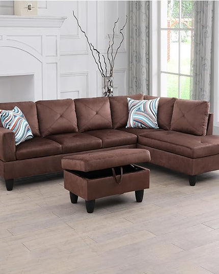 L-Shape Sectional Sofa with Storage Ottoman, 4-Seat Couch with Chaise Fabric Upholstered for Living Room, Apartment, Office, Brown - LeafyLoom