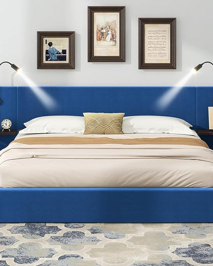 Queen Size Storage Upholstered Hydraulic Platform Shelves, Modern Velvet Fabric Bed Frame W/ 2 Lights and USB Port,No Box Spring Required,for Bedroom, Apartment,Blue - LeafyLoom