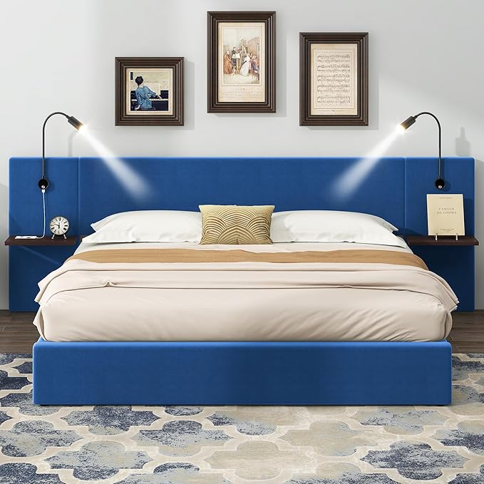 Queen Size Storage Upholstered Hydraulic Platform Shelves, Modern Velvet Fabric Bed Frame W/ 2 Lights and USB Port,No Box Spring Required,for Bedroom, Apartment,Blue - LeafyLoom