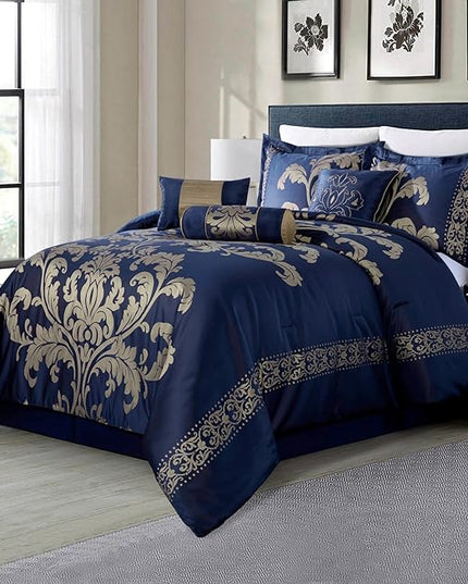 Chezmoi Collection 7-Piece Jacquard Floral Comforter Set (Queen, Navy/Gold) - LeafyLoom