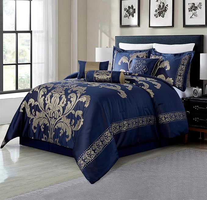 Chezmoi Collection Royale 7-Piece Jacquard Floral Comforter Set, Oversized Queen, Navy/Gold - LeafyLoom