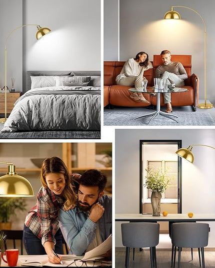 Arc Floor Lamps for Living Room, Modern Tall Standing Lamp Remote Control,Stepless Dimmable Gold Floor Lamp with Hanging Dome Shade, Over Couch Arched Reading Lamp for Bedroom, Office (Bulb Included) - LeafyLoom