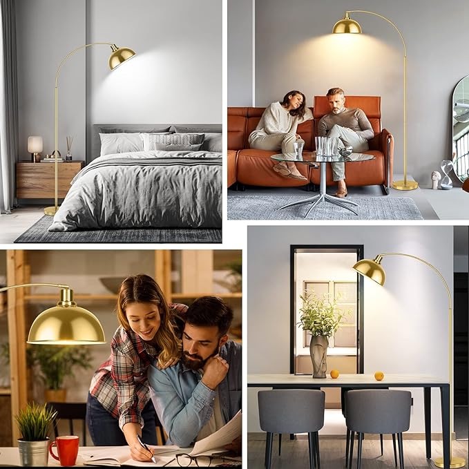 Arc Floor Lamps for Living Room, Modern Tall Standing Lamp Remote Control,Stepless Dimmable Gold Floor Lamp with Hanging Dome Shade, Over Couch Arched Reading Lamp for Bedroom, Office (Bulb Included) - LeafyLoom