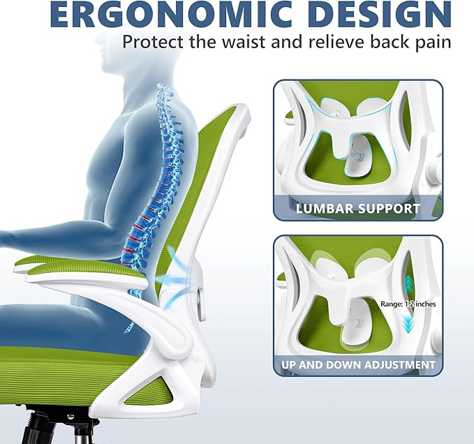 Office Chair Desk Chair, Ergonomic Mesh Computer Chair Home Office Desk Chairs, Swivel Task Chair Mid Back Breathable Rolling Chair with Adjustable Lumbar Support Flip Up Armrest (Green) - LeafyLoom