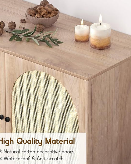 XIAO WEI Set of 3 Sideboard with Handmade Natural Rattan Doors, Rattan Cabinet Console Table Storage Cabinet Buffet Cabinet, for Kitchen, Living Room, Dining, Entryway, Oval Doors - LeafyLoom