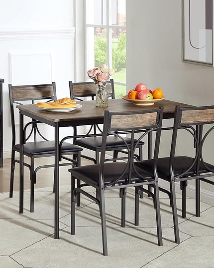 VECELO Kitchen Dining Room Table 4 Chairs for Small Space, Apartment,Metal Steel Frame, 5-Piece Set, Dark Brown - LeafyLoom