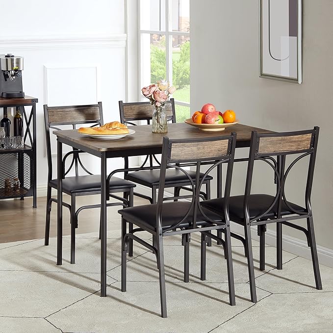VECELO Kitchen Dining Room Table 4 Chairs for Small Space, Apartment,Metal Steel Frame, 5-Piece Set, Dark Brown - LeafyLoom