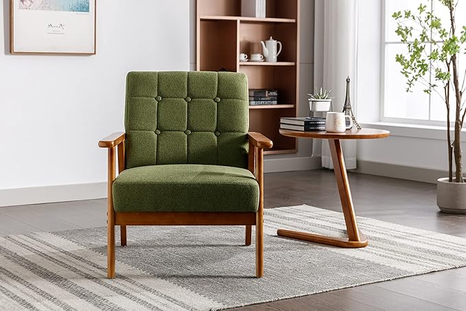 Mid-Century Accent, Modern Single Armchair, Upholstered Leisure Lounge Chair wth Solid Wood Armrest and Feet for Living Room, Bedroom, Office, Green - LeafyLoom