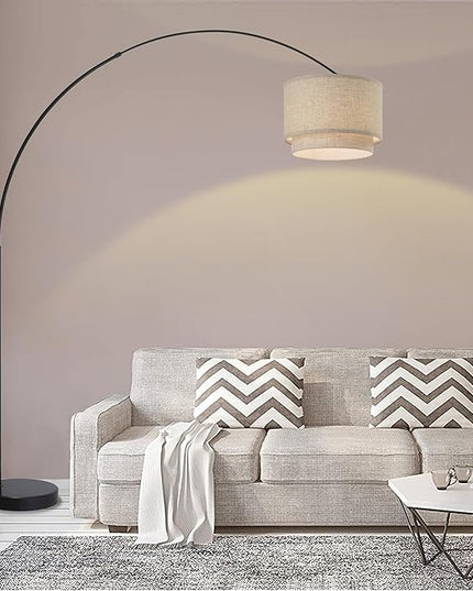 Modern 81" Tall Dimmable REMOTE CONTROL Standing Arc Floor Lamps with for Living Room - Corner Light Arching Lamp with Beige Double Shade and Marble Base - LeafyLoom