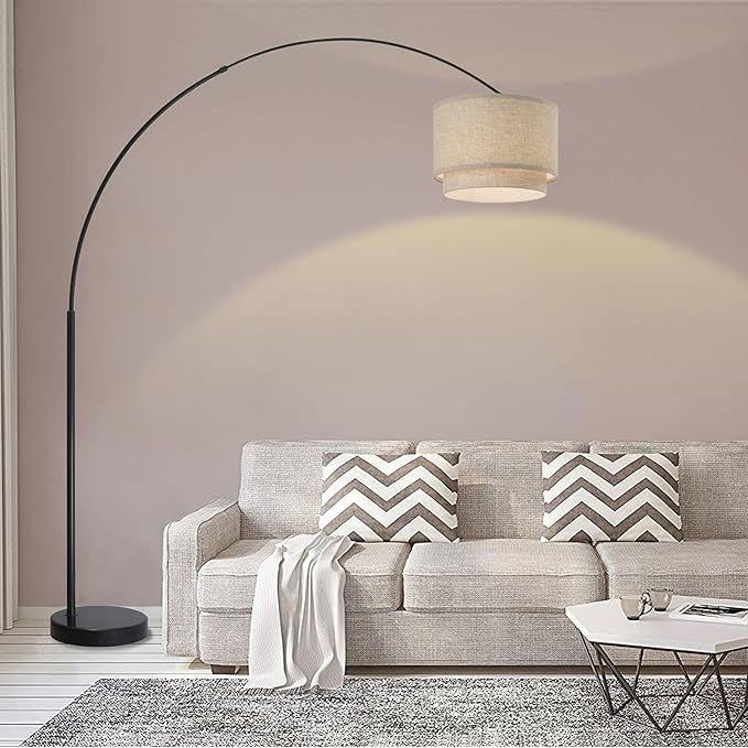 Modern 81" Tall Dimmable REMOTE CONTROL Standing Arc Floor Lamps with for Living Room - Corner Light Arching Lamp with Beige Double Shade and Marble Base - LeafyLoom