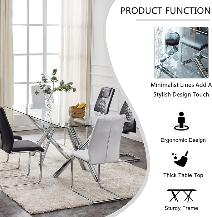 NicBex Large Modern Minimalist Rectangular Glass Dining Table for 6-8 with 0.39" Tempered Glass Tabletop and Silver Chrome Metal Legs for Kitchen Dining Living Meeting Room Banquet Hall, Transparent - LeafyLoom