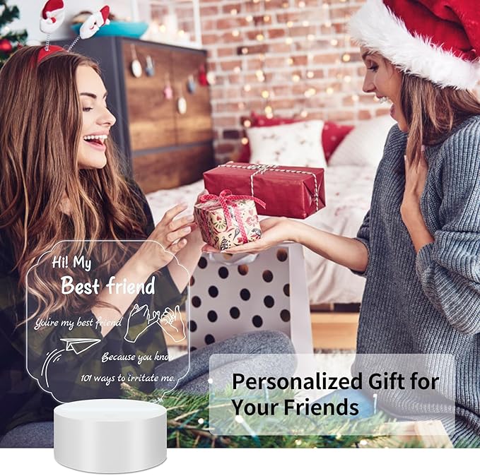Personalized Gifts for Best Friends: 3D Illusion Lamp Engraved Acrylic LED Rechargeable Night Light with 3 Level Brightness 10 Color Modes-Friend Gifts for Thanksgiving Christmas Birthday - LeafyLoom